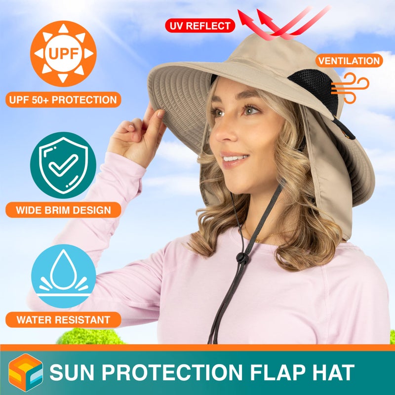 Suncube SUN CUBE Fishing Hat Sun Hat for Men, Women, Hiking Sun Hat with Neck Flap, Wide Brim, Chin Strap, Safari Summer Bucket Boonie Hat, UPF 50+ Outdoor Protection, Packable Breathable Mesh (Tan) - Image 4